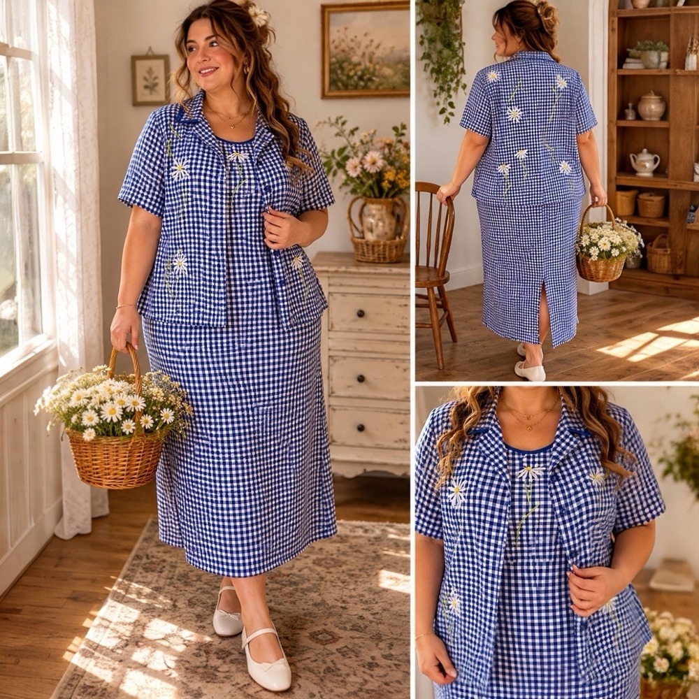 Studio C Blue Gingham Embroidered Daisy Linen Blend Dress Jacket Set